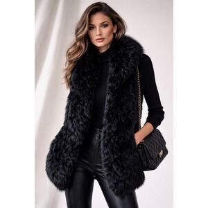 Greylin Black Faux Fur Vest Genuine Rabbit Fur Collar Small Edgy Luxe Layering